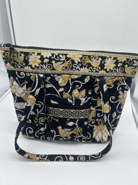 Vera Bradley Yellow Bird Retired Quilted Tote Bag Black Gold Floral Bird Print
